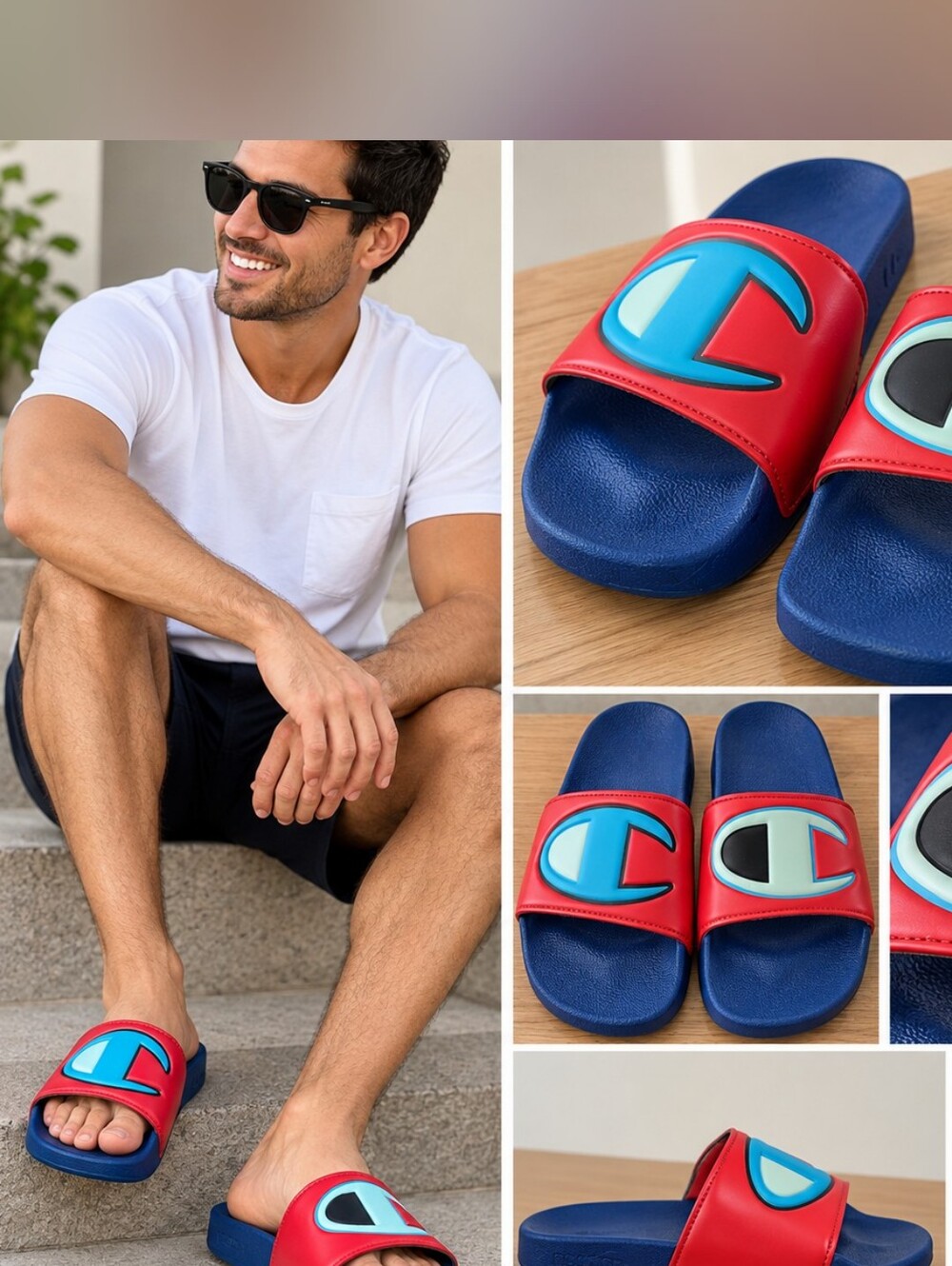 Champion Red and Blue Men’s Slide Sandals with Aqua Logo Accent